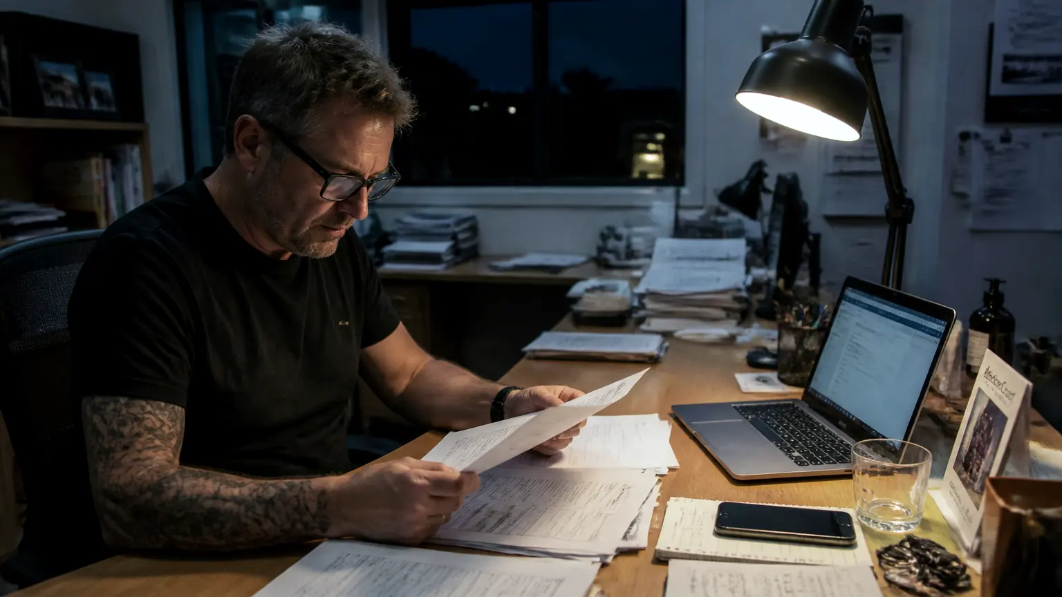 A business owner at a cluttered desk after hours reading a printed proposal under a desk lamp, laptop open beside them.