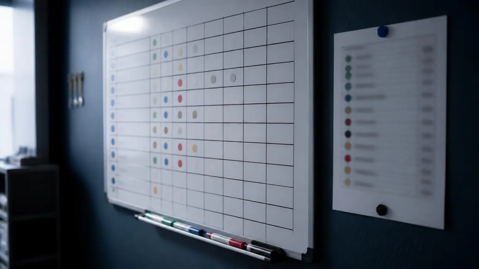 A printed operating scorecard on a desk beside a laptop showing weekly performance figures