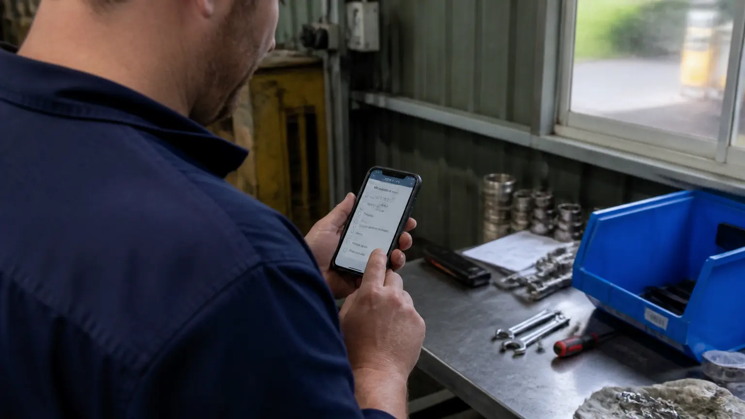 A worker in a navy work shirt tapping through a short assessment on a mobile phone while standing at a workshop bench.