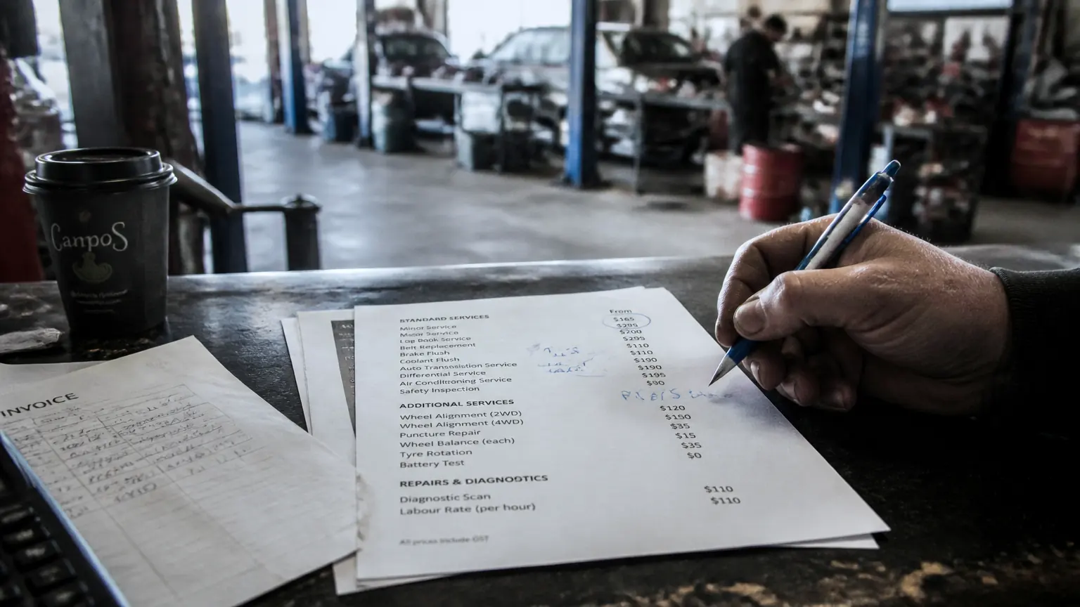 A printed workshop service price list on a counter with a hand marking up the labour rates in pen, an invoice and coffee cup beside it.
