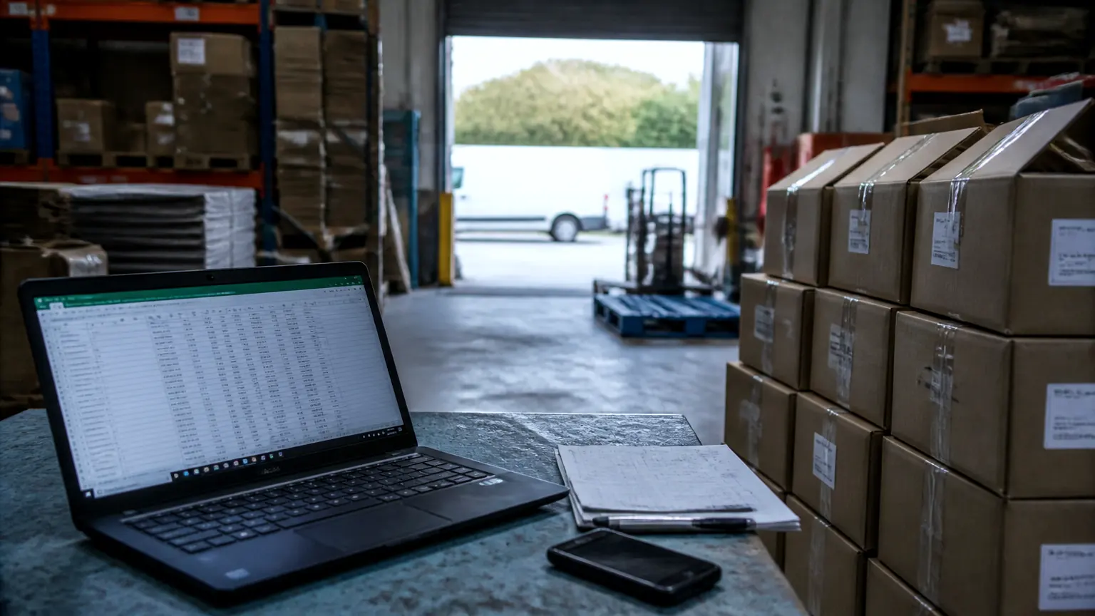 A laptop showing a pricing spreadsheet on a bench beside stacked cardboard product cartons in a small distribution warehouse.