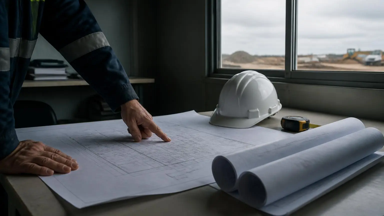 Rolled and flattened project plans spread across a desk in a site office with hard hats nearby