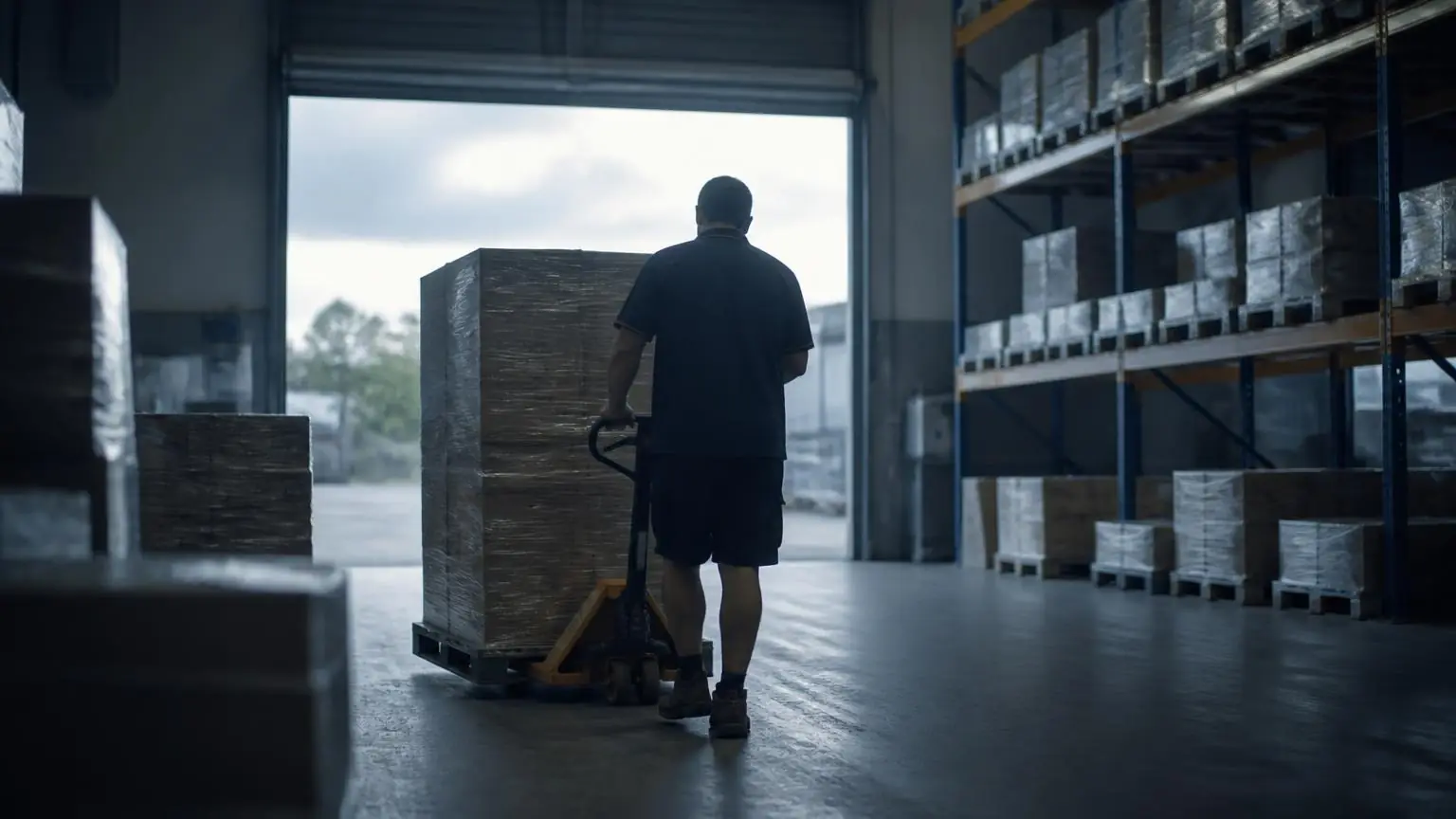 A warehouse dispatch bay with racked stock, labelled pallets and a forklift in the aisle