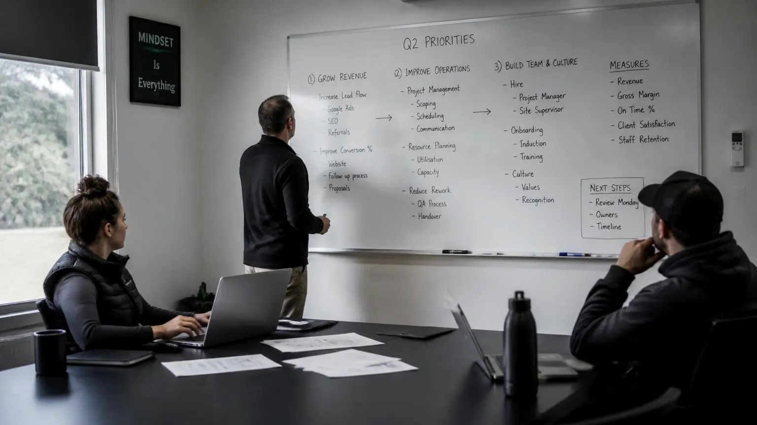 Three people in a small meeting room working at a whiteboard filled with handwritten quarterly priorities and measures