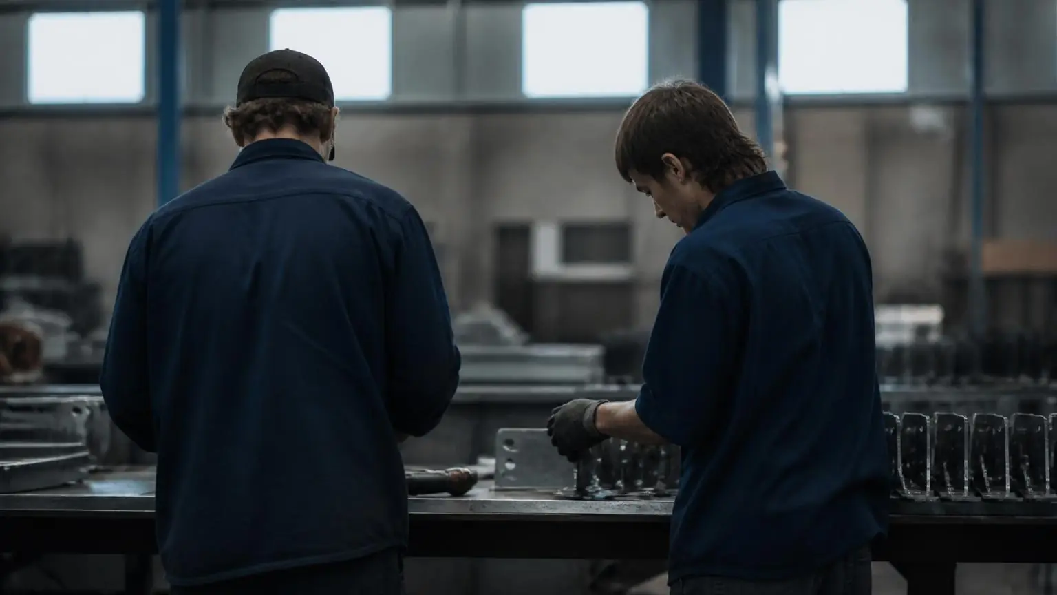 Two workers assembling components at a bench on an Australian light-industrial workshop floor